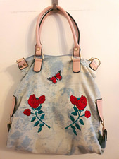 Damen Handtasche Denim hellblau/beige Rose & ...