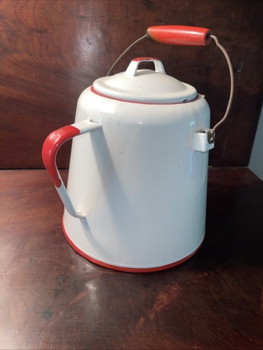 Vtg Enamelware Coffee Tea Pot Kettle Red/White Large Farmhouse Cabin Rustic- - Picture 2 of 7