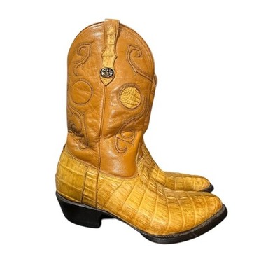 Dos De Oro Hand Made Caiman Crocodile Western Cowboy Two Tone Brown Sz 9.5