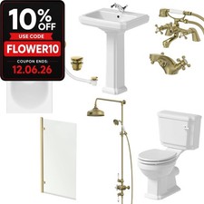 Bathroom Suite 1700mm Single Ended Bath Toilet Basin Pedestal Brass Shower Taps