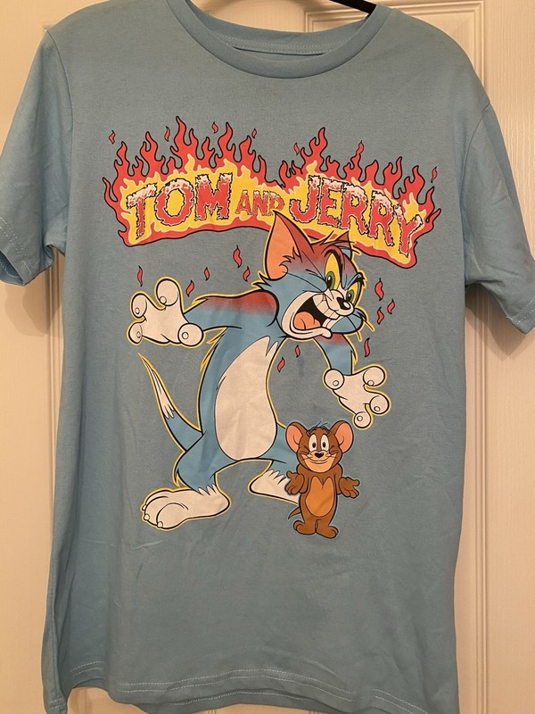 Tom And Jerry T-shirt Fire Flames 🔥 Graphic Cartoon Men’s Blue Top Large