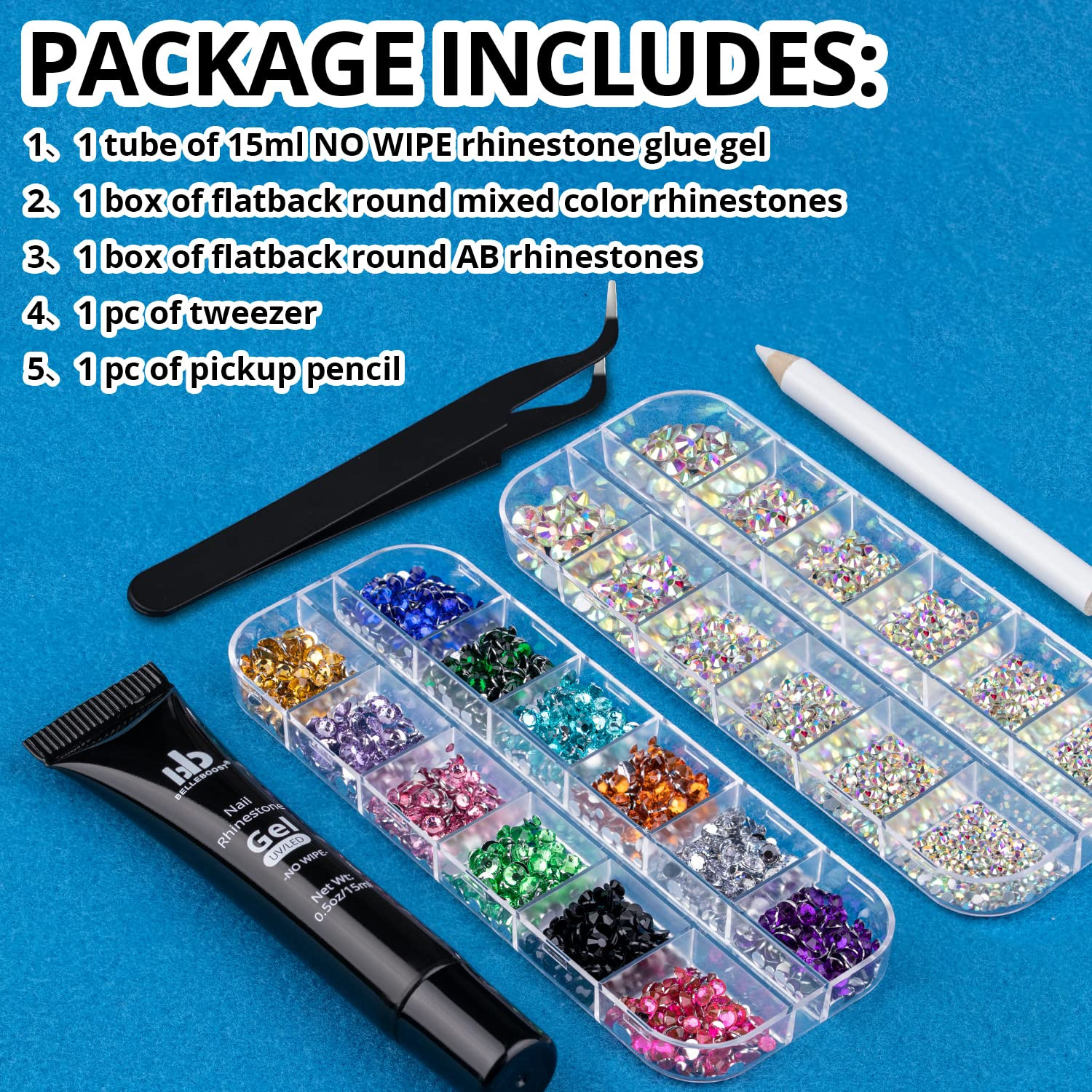 Nail Art Rhinestone Glue Gel&2 Boxes Flatback Gems Kit, 1 Tube of 15Ml Rhineston