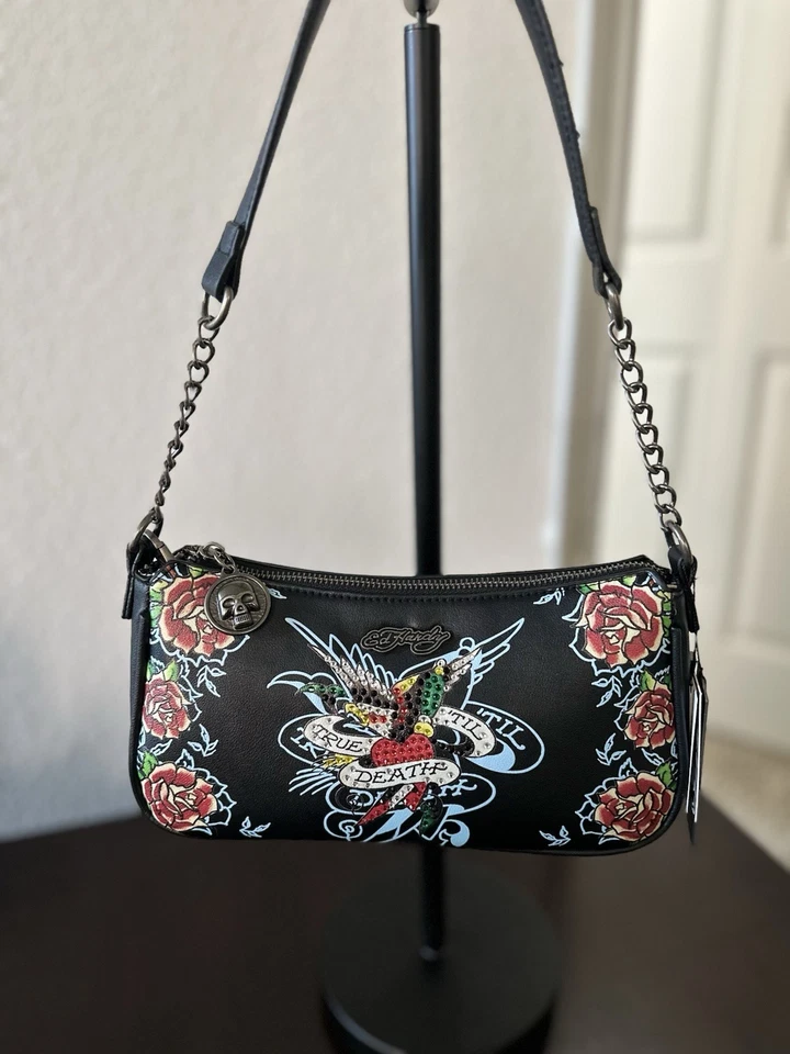 Bolso de Hombro Ed Hardy Cuero Negro Nuevo Sin Etiquetas Love Kills Foto 2 de 4