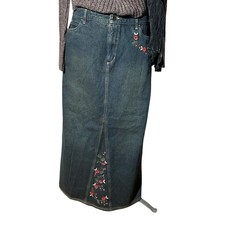 Blue Denim Floral Embroidered Long A-Line Skirt, Button Closure, Pockets, Slit