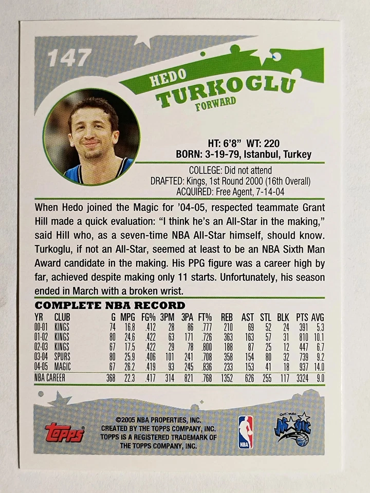 2005-06 Topps #147 Hedo Turkoglu - Image 2 of 2