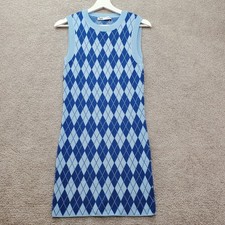 ZARA Argyle Sweater Mini Dress Womens S Blue Tennis Golf Sleeveless Knit Preppy