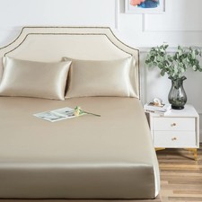 Taupe Full Satin Fitted Sheet 1 PCS Ultra Soft Deep Pocket Single Silk Bed