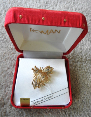Vintage Roman Austrian Sparkly Crystals Bee Pin Brooch Gold tone NEW In Box