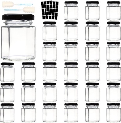 3 OZ Mini Hexagon Glass Jars 30 Pack Empty Honey Small Spice with Black Lids