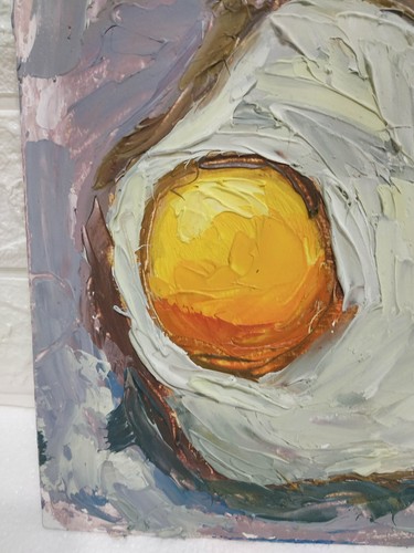 Original oil painting Food artwork Fried eggs Kitchen Still life art 10x10 in - Picture 7 of 7
