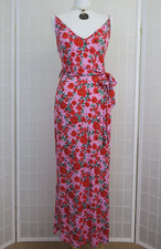 V By Very Maxi Dress UK 10 Pink Red Floral Tie Belt Side Slits Party Holiday