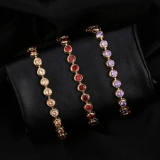 Luxury 18k Gold Cubic Zirconia Women Round Connected Chain Link Bangle Bracelet