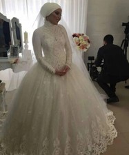 Elegant Muslim Wedding Dresses Long Sleeve Applique High Neck Lace Bridal Gowns