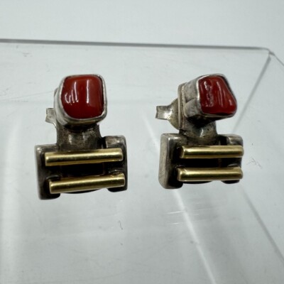 Lilly Barrack Vintage Ohrringe Sterlingsilber & 14 Karat Gold rote Koralle Modernist