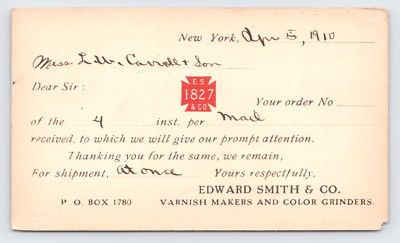 1910 Edward Smith Postal Card New York NY Varnish Pre Valspar Sherwin-Williams