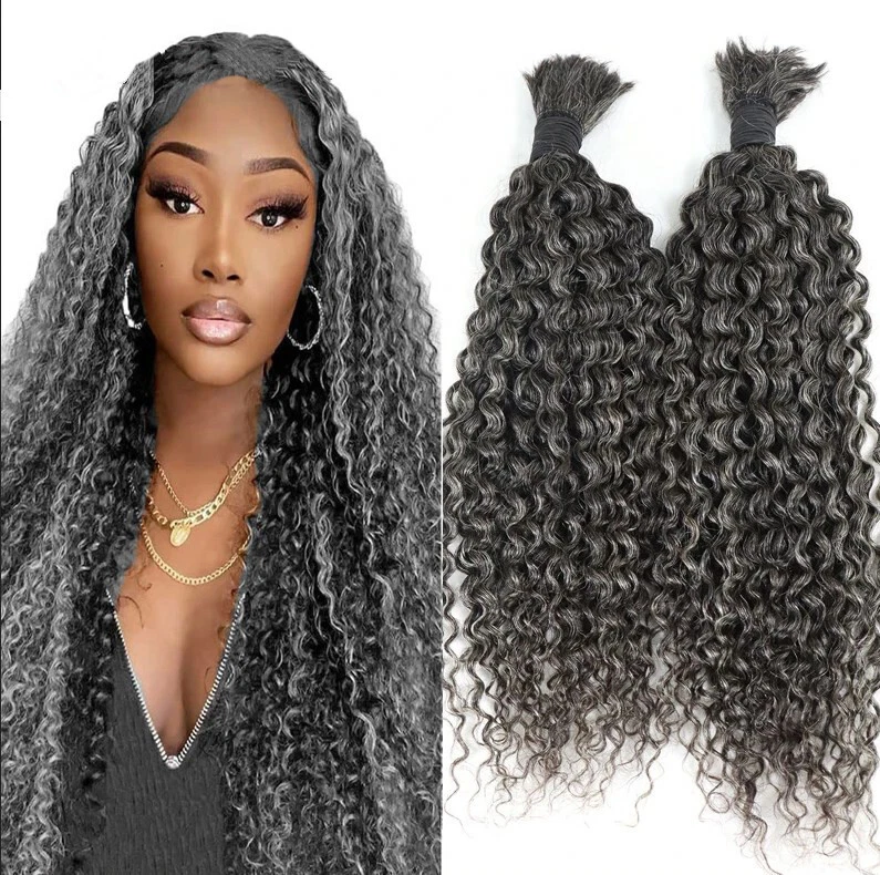 Kinky Curly Gray Mixed Hair 100% Remy Human Hair Bulk No Weft For Braiding 100G - Image 2 of 4