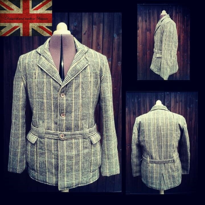 Men's Traditional Tailored Norfolk Jacket, Prince of Wales Tweed, Size Large
