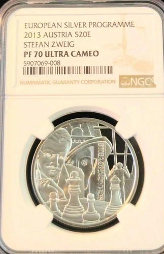2013 AUSTRIA SILVER 20 EURO STEFAN ZWEIG NGC PF 70 ULTRA CAMEO SCARCE PERFECTION