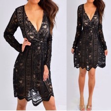 Black Nude Beige Long Sleeve Lace Pretty Dress Size XS NWT