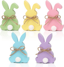 Easter Decorations, 5Pcs Wooden Easter Bunny Table Sign with Jute Rope, Easter W