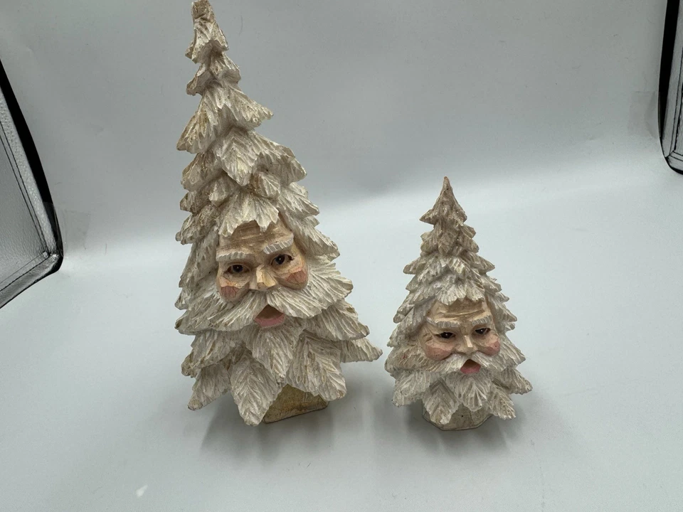 Juego de 2 estatuillas vintage de árboles de mesa esculpidos de Papá Noel con cara Foto 2 de 4