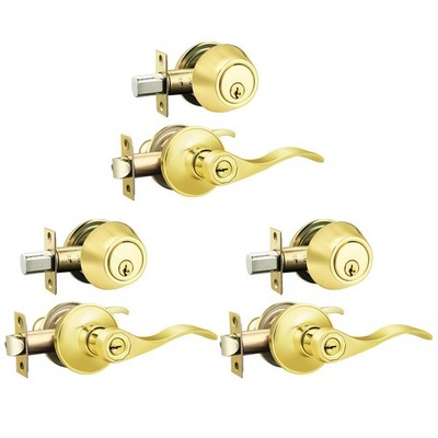 3 Pack Double Cylinder Deadbolt & Wave Lever, Polished Brass Exterior Set