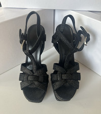 YSL Black Glitter Strappy Platform Stiletto O...