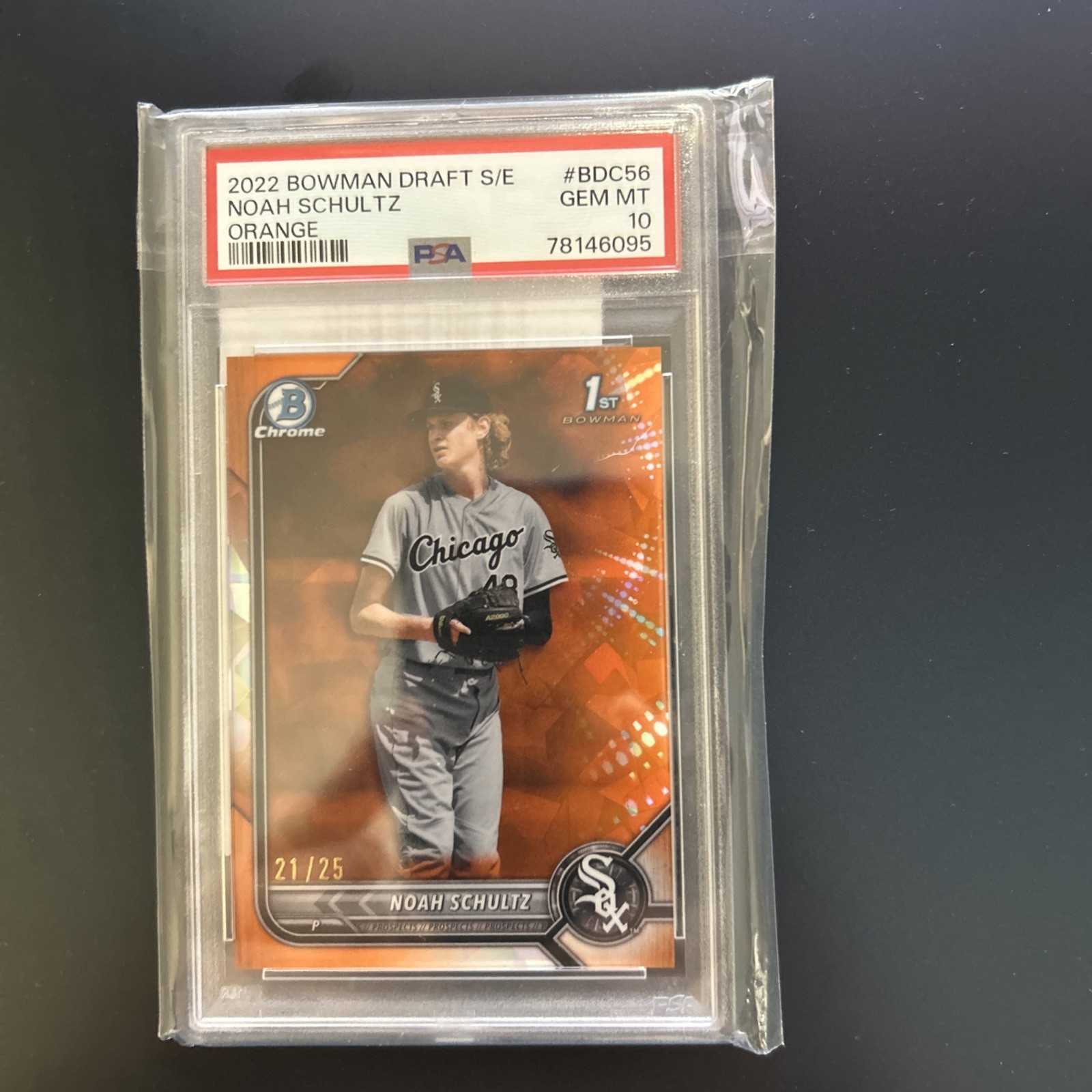 Noah Schultz 2022 Bowman Chrome Draft Sapphire Edition Orange 21/25 PSA 10