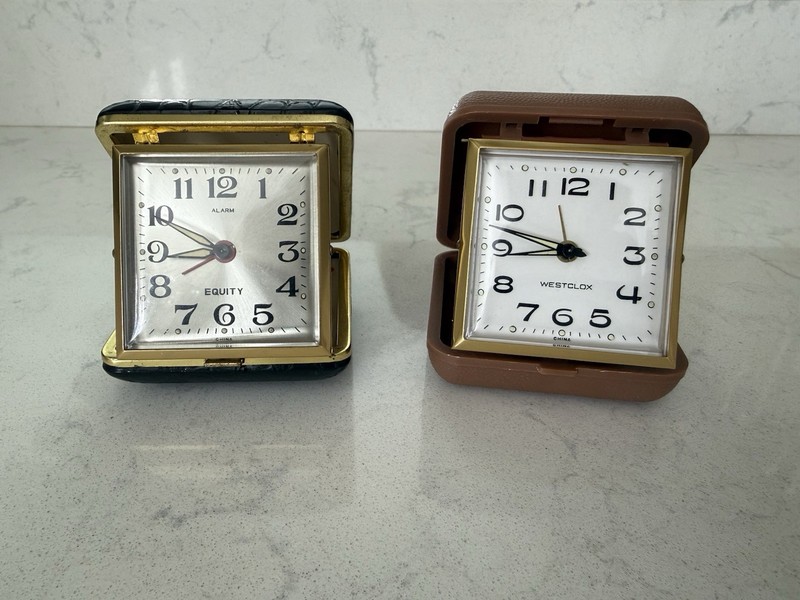 Vintage EQUITY  & WESTCLOX  Travel Alarm Clock Folding Case Brown  - GOOD