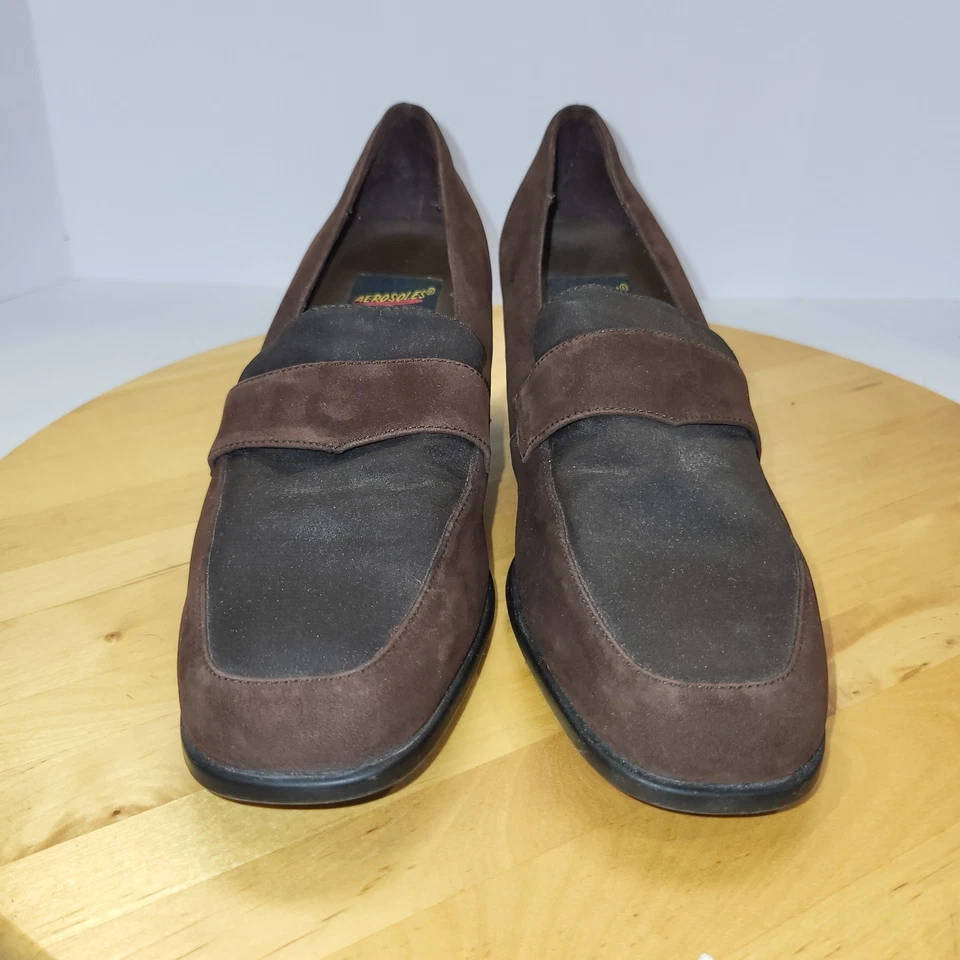 Zapatos de vestir para mujer Aerosoles talla 7,5 marrón gamuza con tela negra 2" tacón bloque Foto 4 de 4