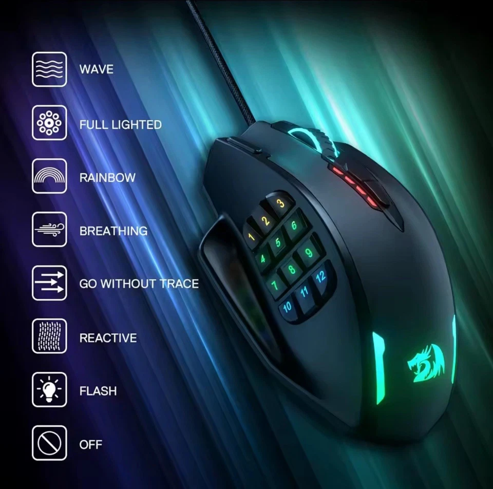 Redragon M908 LED-USB-Gaming-Maus, 18 programmierbare Maustasten, 12400 DPI - Bild 2 von 4
