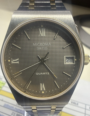 Microma Swiss Quartz Gray Textured Dial Date Watch   Two-Tone Steel Bracelet