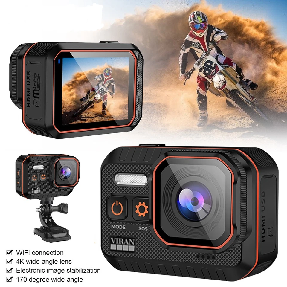 1X Actionkamera 4K 60FPS WiFi HD1080P Sportkamera Wasserdicht 170° Fernbedienung - Bild 1 von 4