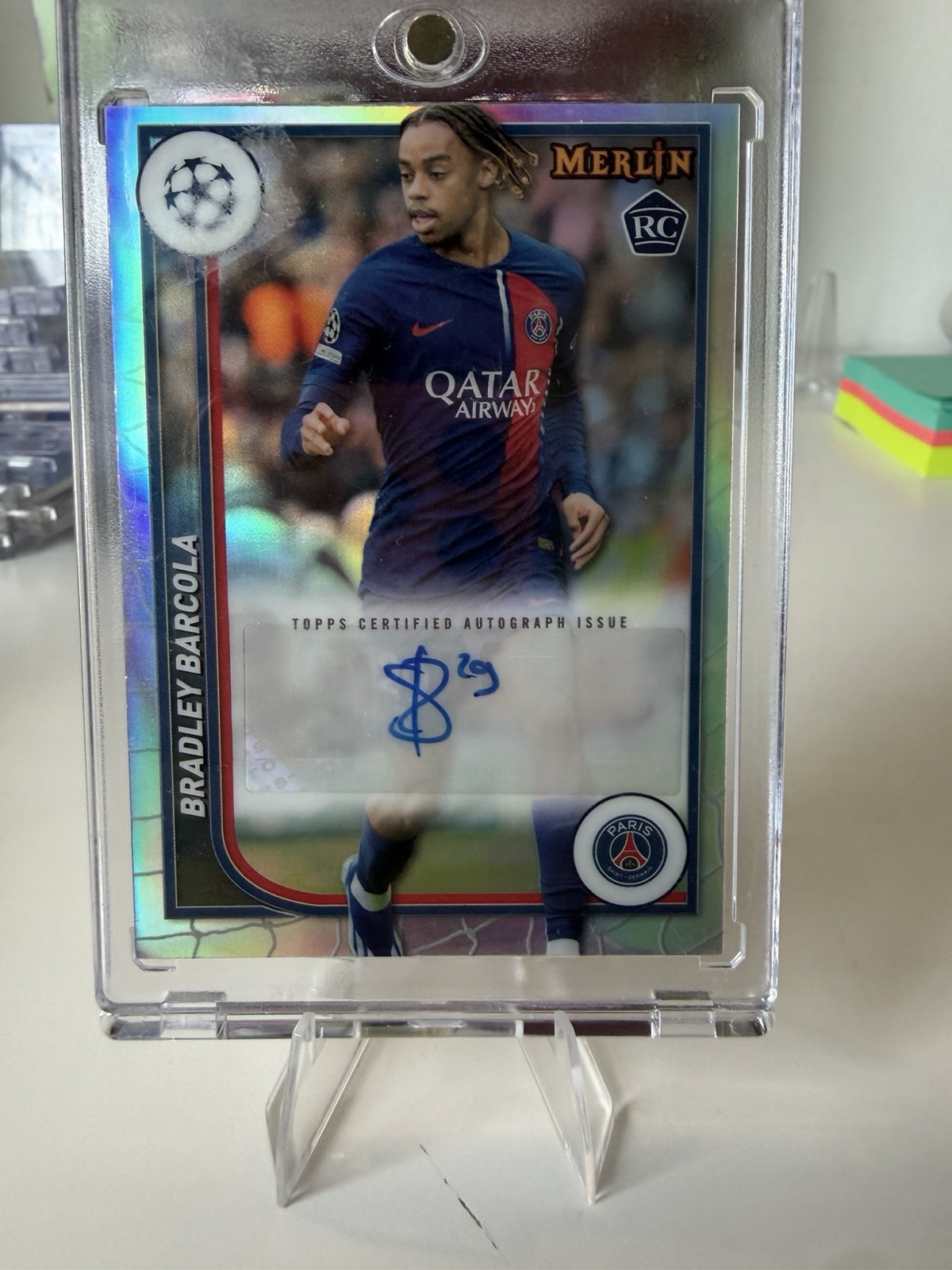 2023-24 Topps Merlin UEFA Bradley Barcola RC Rookie Auto PSG France Autograph view 3