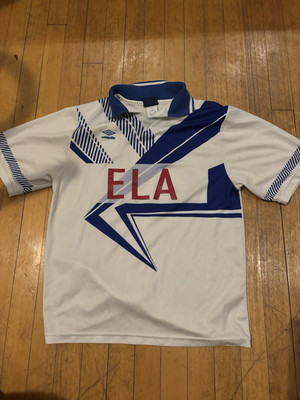 Umbro Vintage 90s Style Shortsleeve Collared Soccer T-Shirt ELA #21 White Mens S