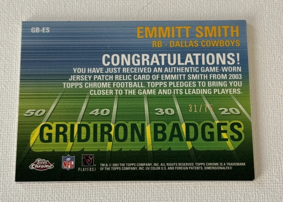 Parche de camiseta refractor 2003 Topps cromado Emmitt Smith Gridiron Badges/75 Foto 2 de 2