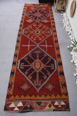 Turkish Vintage Rug, 2,9x10,3 ft Herki Rug, Red Runner Floral Rug