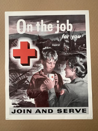 Affiche ancienne originale Croix-Rouge ''Au travail'' recrutement secours catastrophe - Photo 1/6