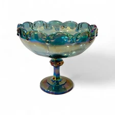 Indiana Glass Blue Iridescent Carnival Pedestal Compote Dish Garland Vintage E5