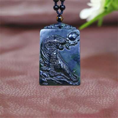 Jade Tiger Pendant Necklace Jewelry Vintage Gift Black Natural Man Designer