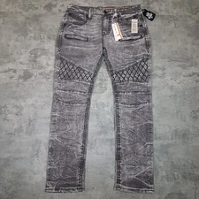 ROCK REVIVAL Mike Biker Tapered Distressed Jeans Mens Size 34x34 Grey Black