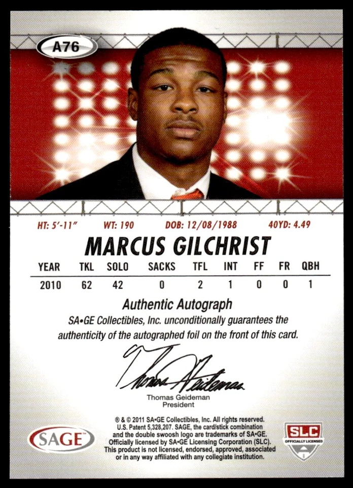 2011 SAGE HIT Autographs Marcus Gilchrist Auto Clemson Tigers #A76 - Image 2 of 2