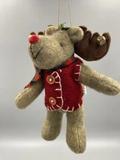 7 Inch Reindeer Moose Fabric Plush Hanging Ornament Wearing Vest & Scarf Bells