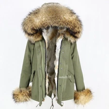 Winter Womens Detachable Real Raccoon Fur Collar Rabbit Fur Lined Parka Coat New