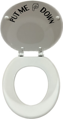 TOILET SEAT ROUND REGULAR SOLID WOOD WHITE FINISH READS  PUT ME DOWN  COVER