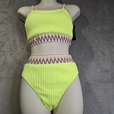 Neon Yellow 2 Piece Bikini Set Size Small Ribbed Geo High Waisted Cut Bottoms