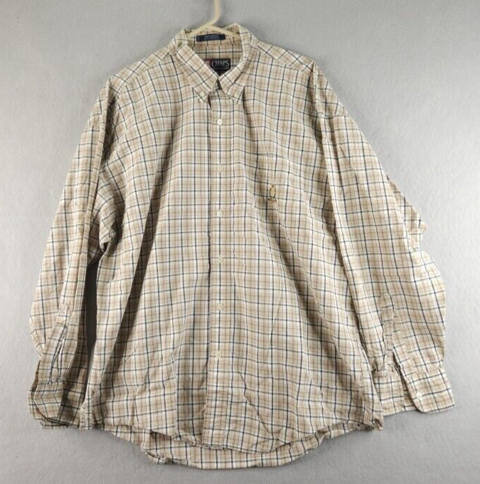 Vintage CHAPS Ralph Lauren Shirt Men's Extra Large Beige Plaid Cotton Casual