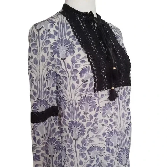 Top tunica nappe Tory Burch Gracelynn blu Jay Nerina nuovo con etichette taglia 10 prezzo al pubblico consigliato $275