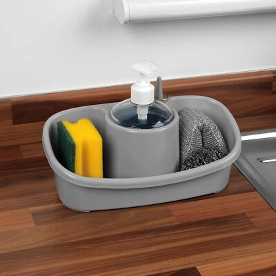 BELDRAY Liquid Soap Dispenser Grey Plastic Sink Tidy With Storage Caddy Sponge Holder