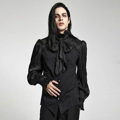 PUNK RAVE Goth Deluxe Shirt Mit Schal Schwarz Chiffon-Krepp Herrenhemd EDEL  GOTH